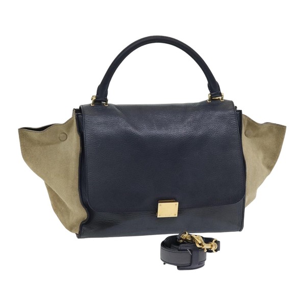 CELINE Trapeze Hand Bag Leather Suede Navy Beige Auth 82897 - Picture 1 of 16